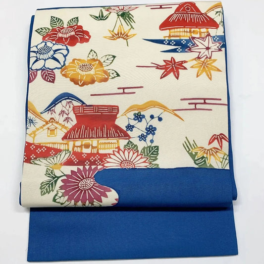 6968# Japanese Vintage Nagoya Obi Belt Kimono Fabric Silk Traditional Blue