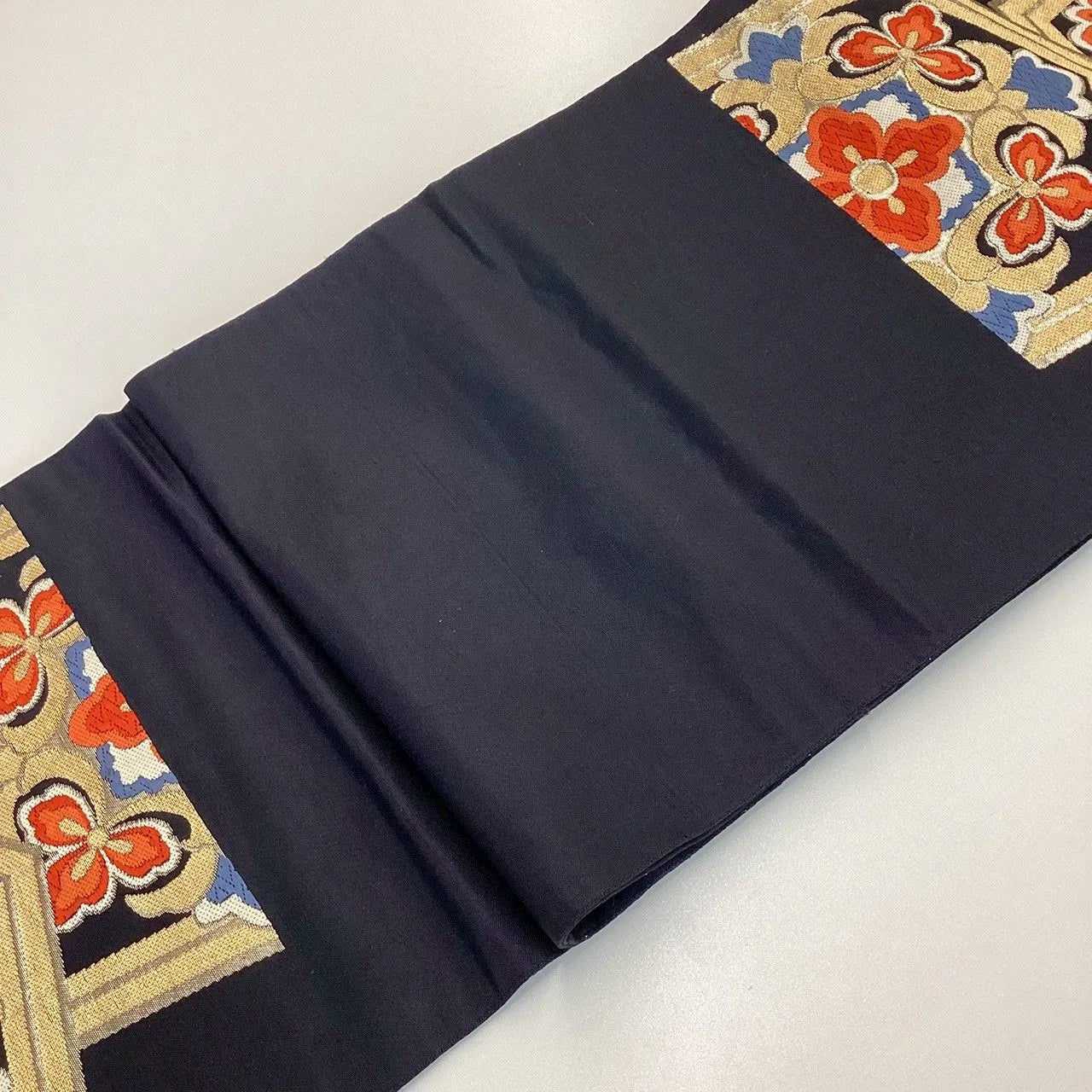 6977# Japanese Vintage Fukuro Obi Belt Kimono Fabric Silk Traditional Black