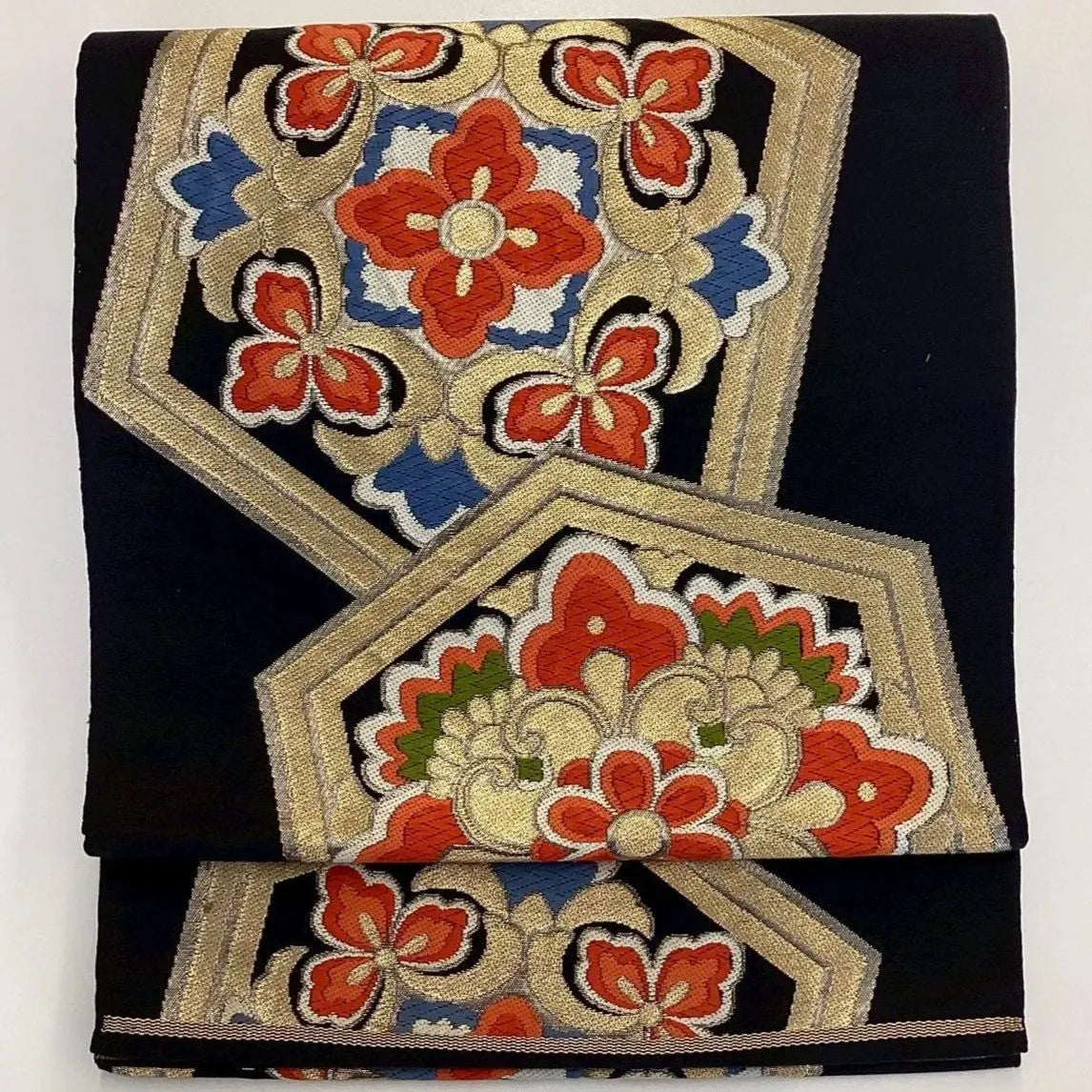 6977# Japanese Vintage Fukuro Obi Belt Kimono Fabric Silk Traditional Black