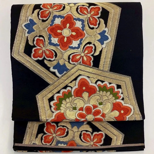6977# Japanese Vintage Fukuro Obi Belt Kimono Fabric Silk Traditional Black