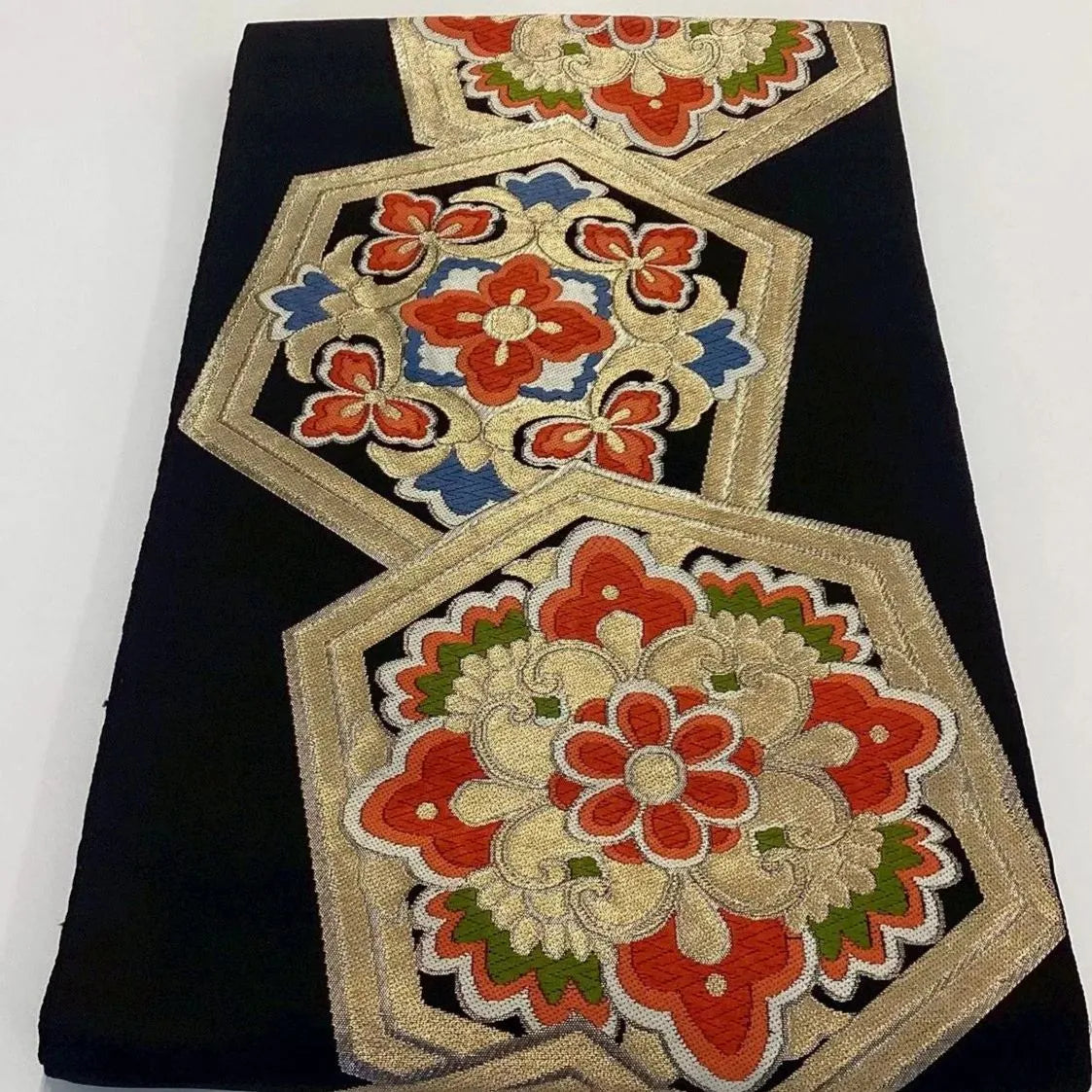 6977# Japanese Vintage Fukuro Obi Belt Kimono Fabric Silk Traditional Black