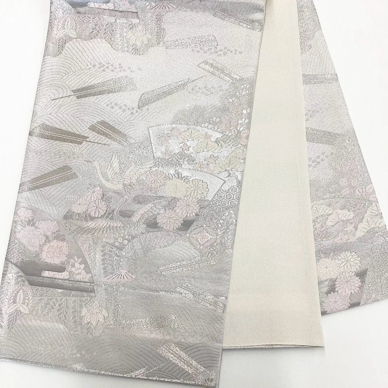7001# Japanese Vintage Fukuro Obi Belt Kimono Fabric Silk Traditional Silver