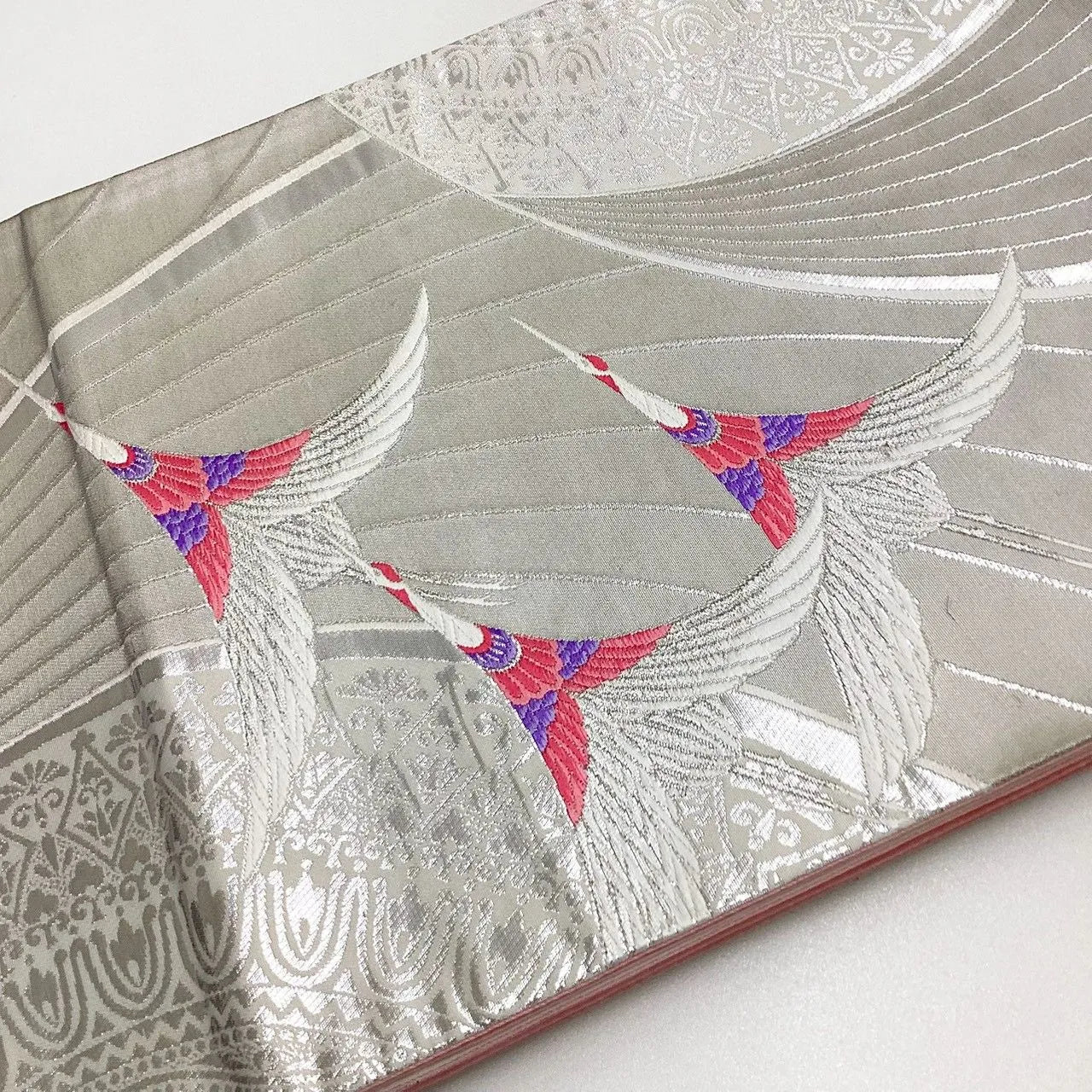 7005# Japanese Vintage Fukuro Obi Belt Kimono Fabric Silk Traditional Silver