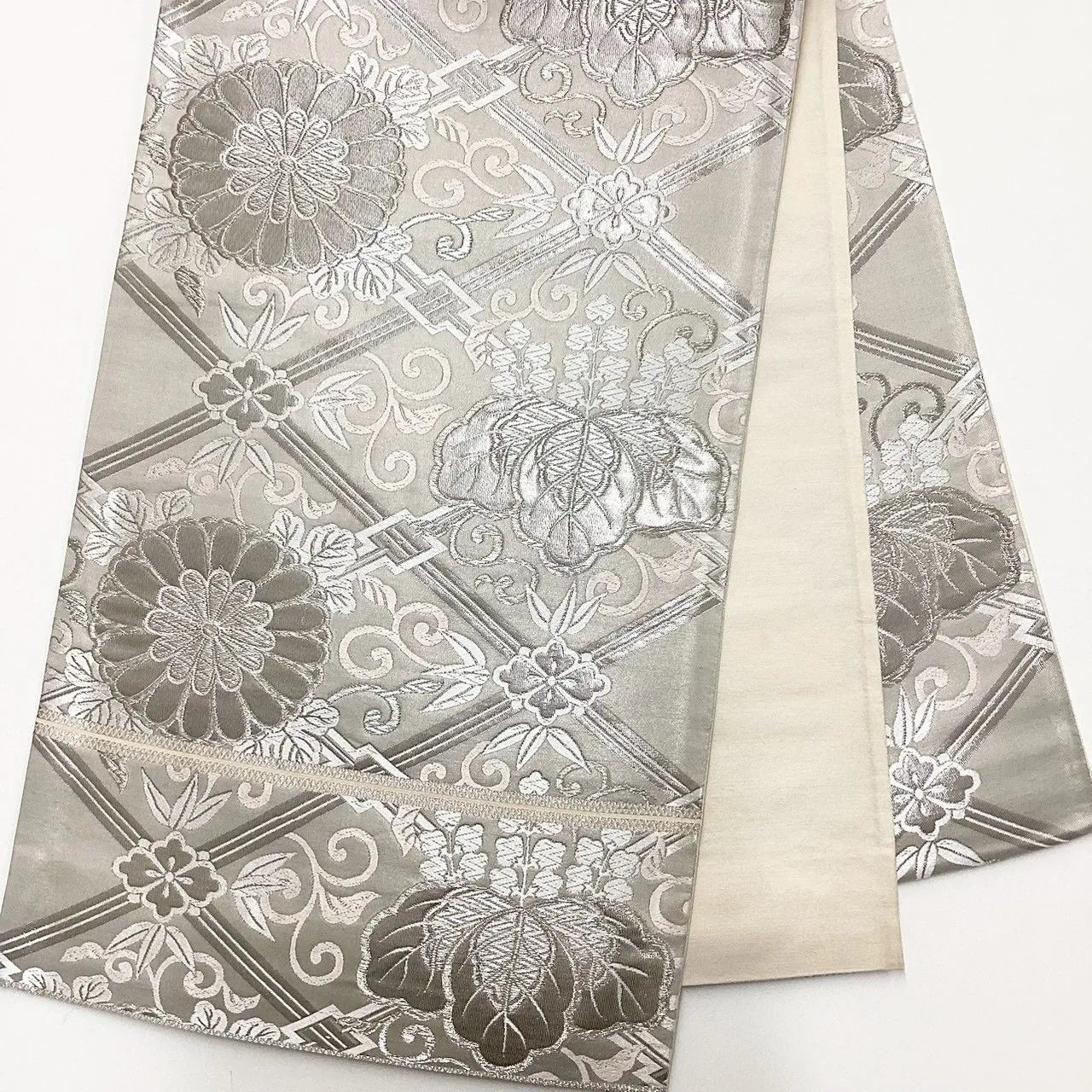 7006# Japanese Vintage Fukuro Obi Belt Kimono Fabric Silk Traditional Silver