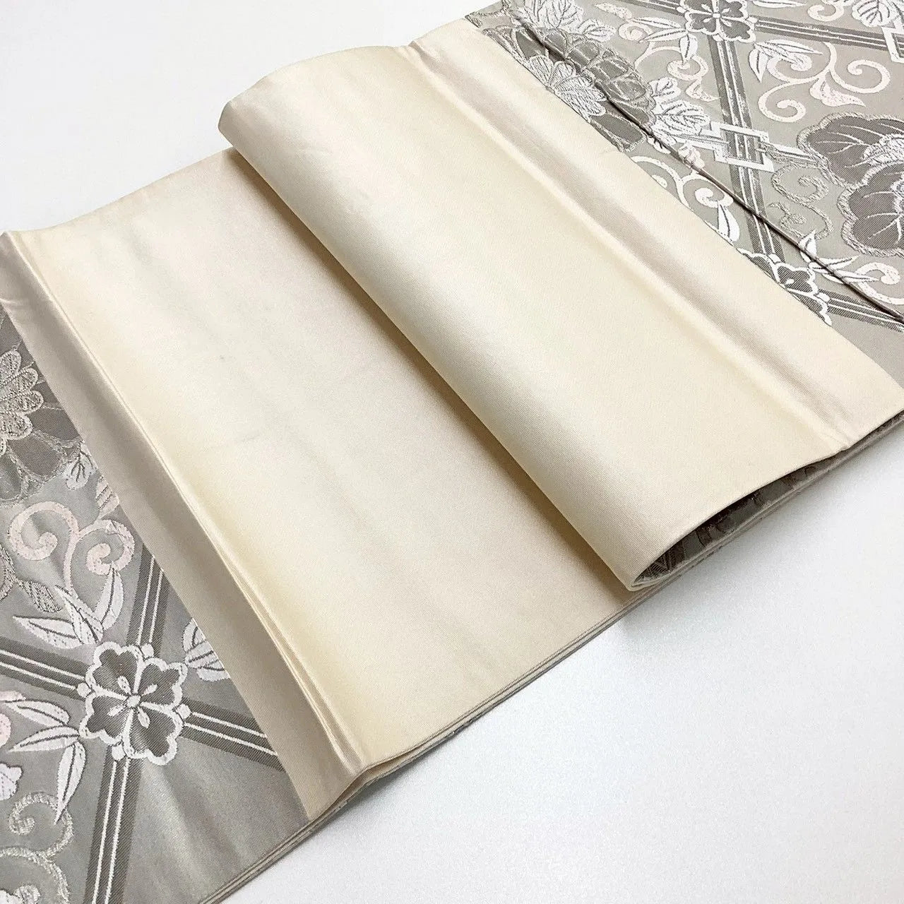 7006# Japanese Vintage Fukuro Obi Belt Kimono Fabric Silk Traditional Silver