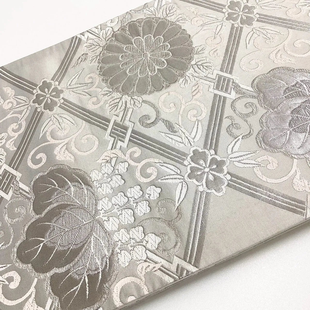 7006# Japanese Vintage Fukuro Obi Belt Kimono Fabric Silk Traditional Silver