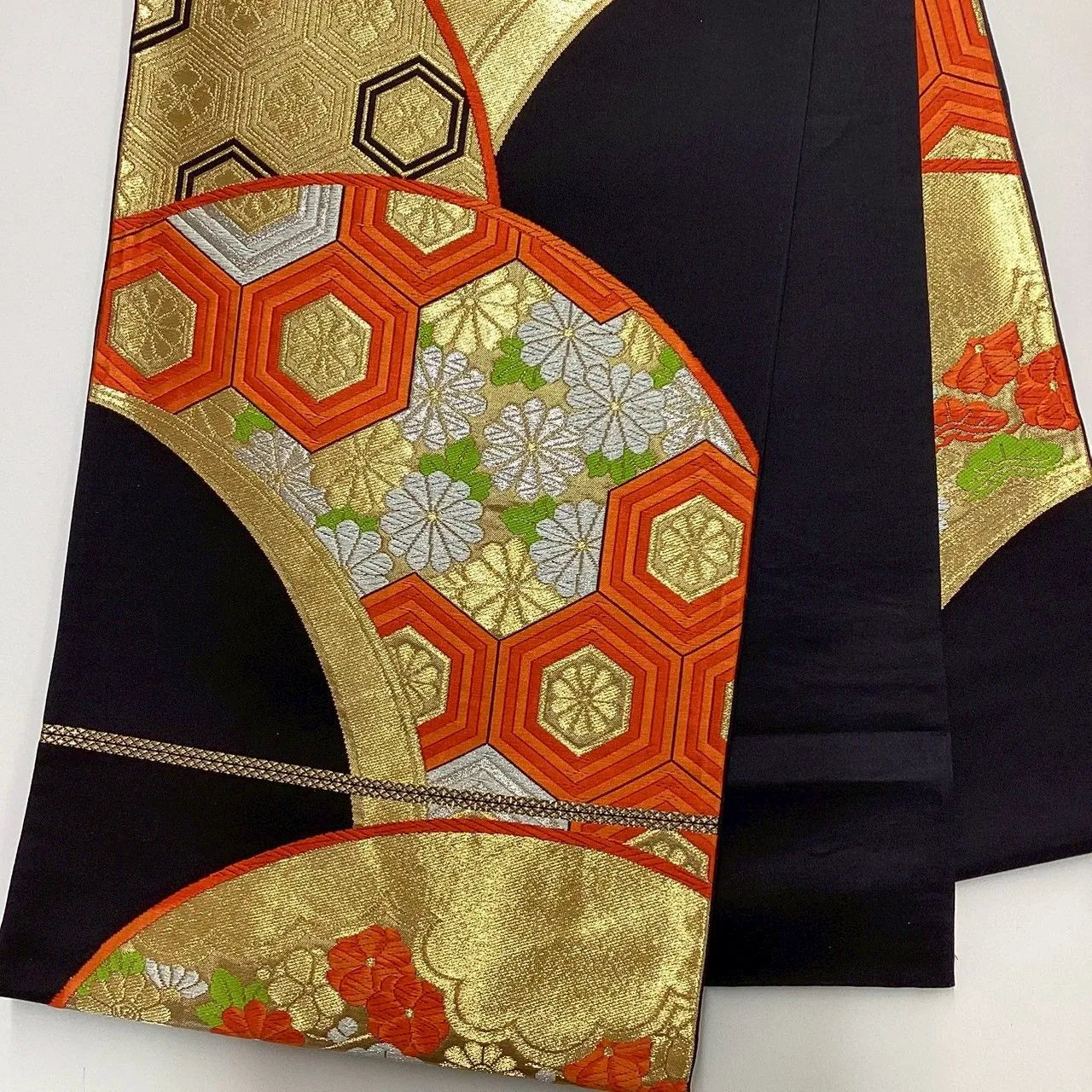 7008# Japanese Vintage Fukuro Obi Belt Kimono Fabric Silk Traditional Black