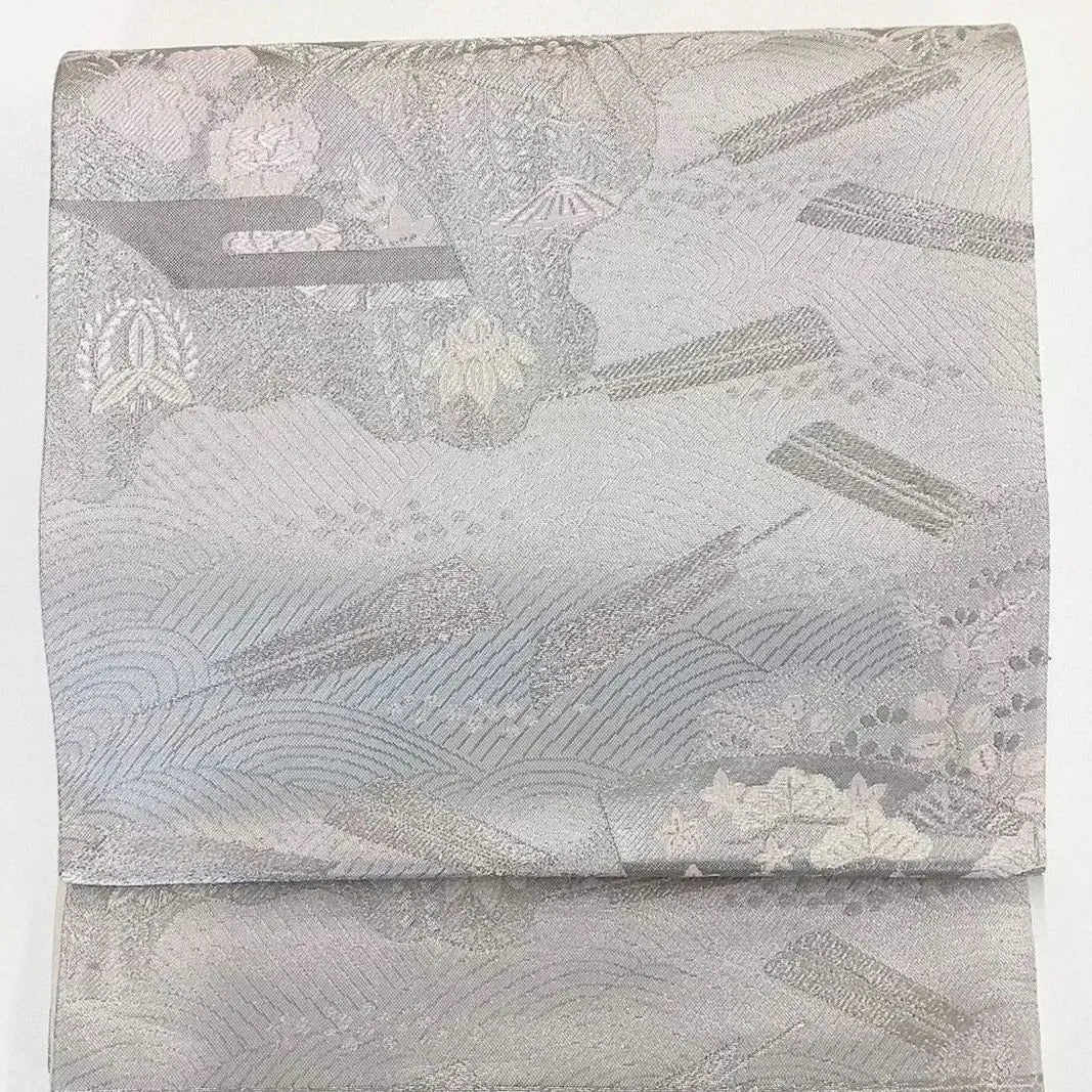 7001# Japanese Vintage Fukuro Obi Belt Kimono Fabric Silk Traditional Silver