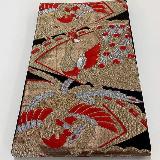 7002# Japanese Vintage Fukuro Obi Belt Kimono Fabric Silk Traditional Black