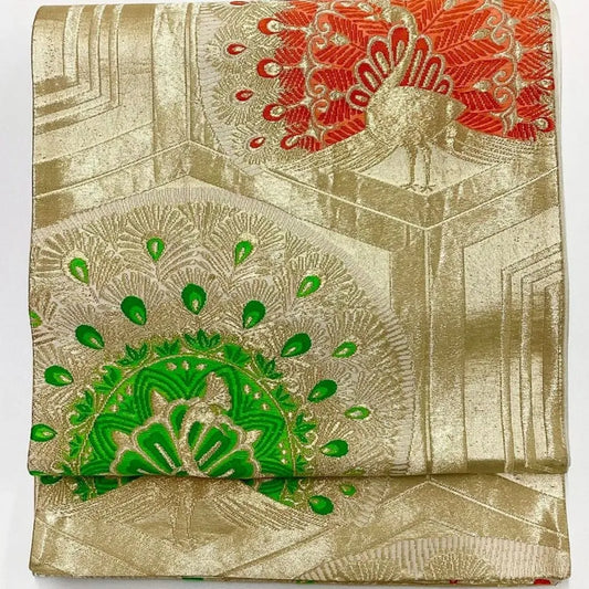 7004# Japanese Vintage Fukuro Obi Belt Kimono Fabric Silk Traditional Gold