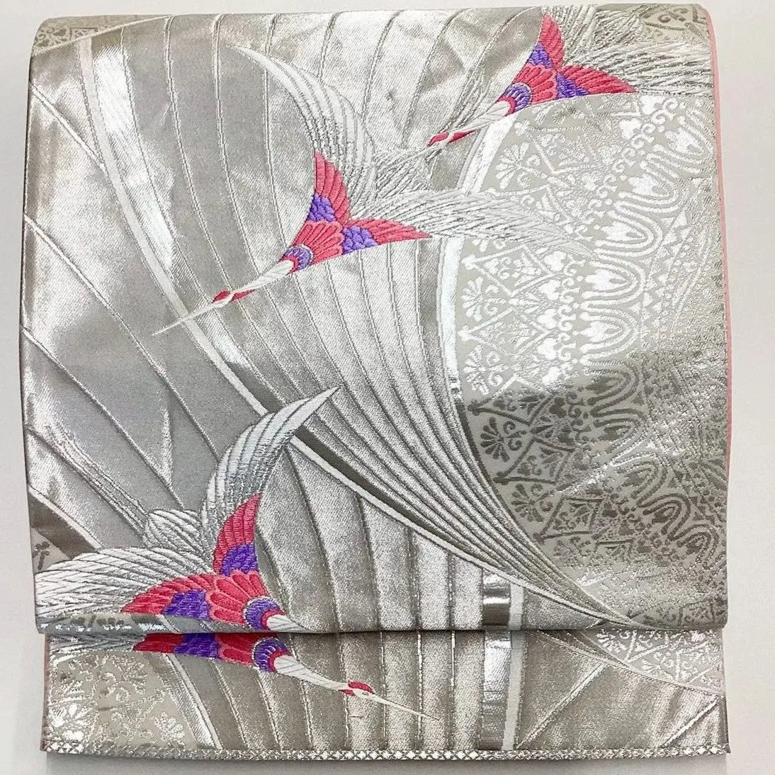 7005# Japanese Vintage Fukuro Obi Belt Kimono Fabric Silk Traditional Silver