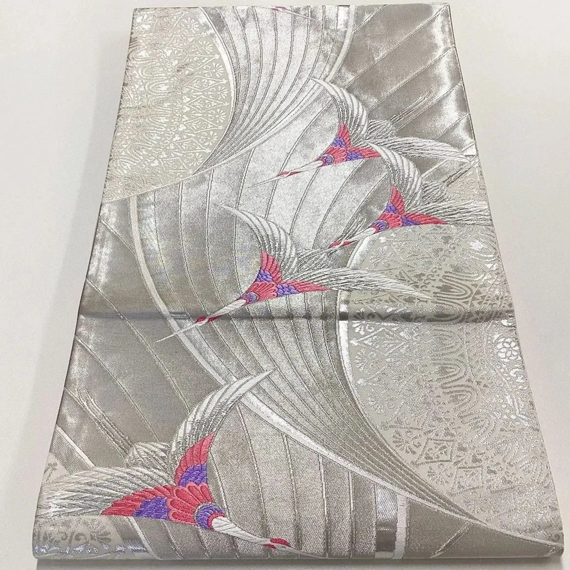 7005# Japanese Vintage Fukuro Obi Belt Kimono Fabric Silk Traditional Silver