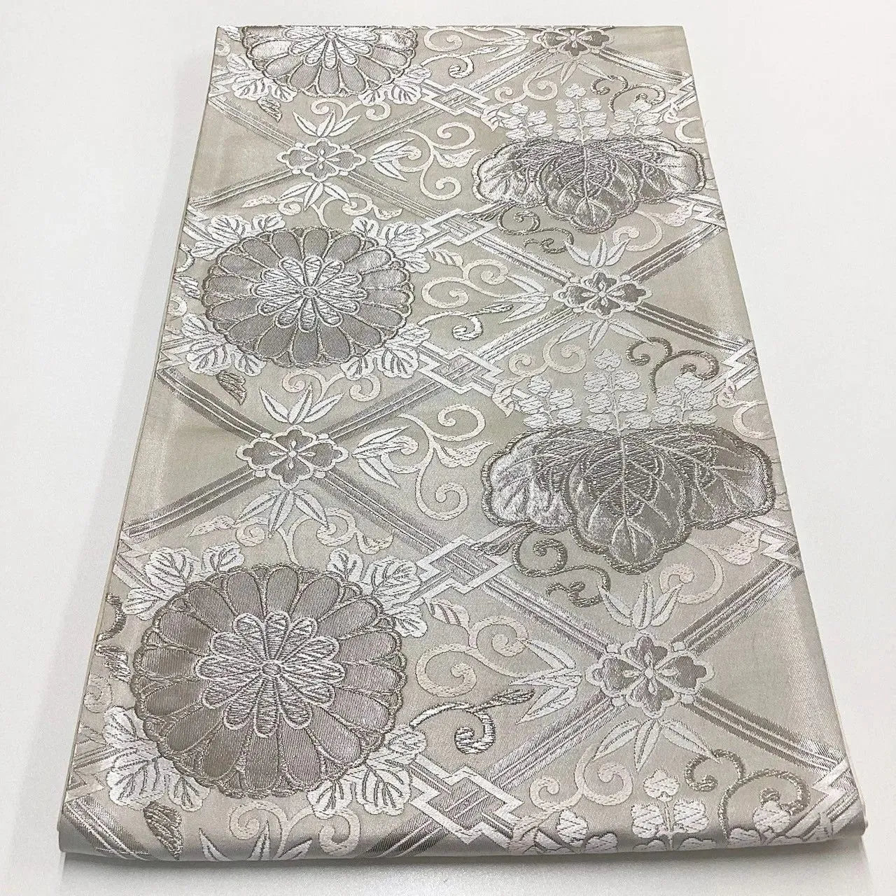 7006# Japanese Vintage Fukuro Obi Belt Kimono Fabric Silk Traditional Silver