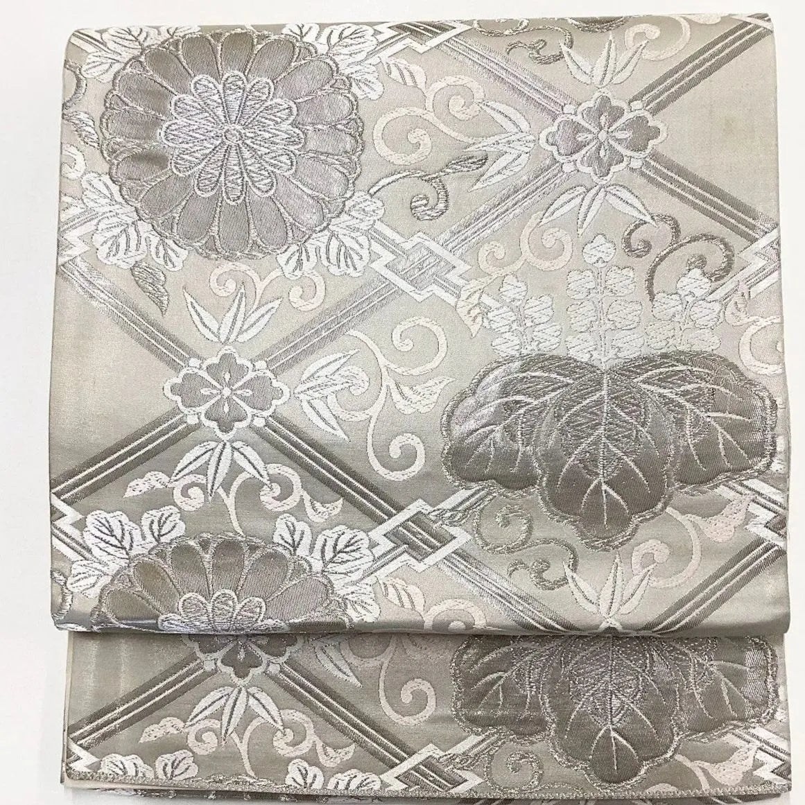 7006# Japanese Vintage Fukuro Obi Belt Kimono Fabric Silk Traditional Silver
