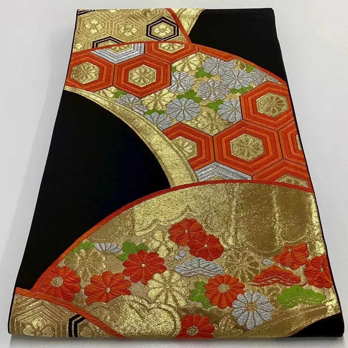 7008# Japanese Vintage Fukuro Obi Belt Kimono Fabric Silk Traditional Black