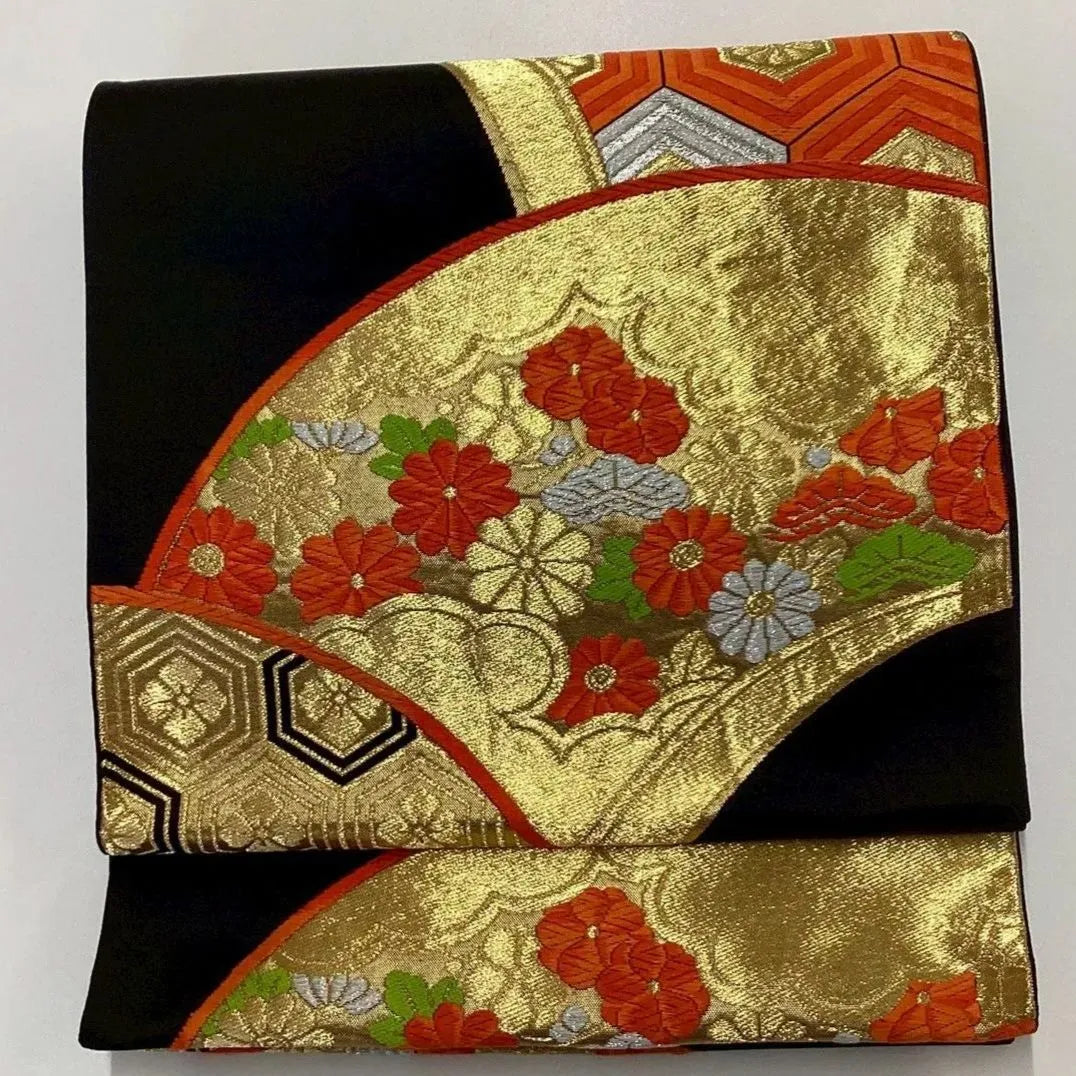 7008# Japanese Vintage Fukuro Obi Belt Kimono Fabric Silk Traditional Black