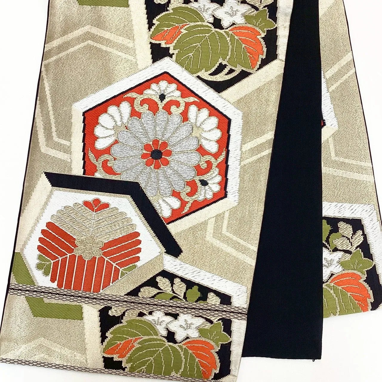 7017# Japanese Vintage Fukuro Obi Belt Kimono Fabric Silk Traditional Black