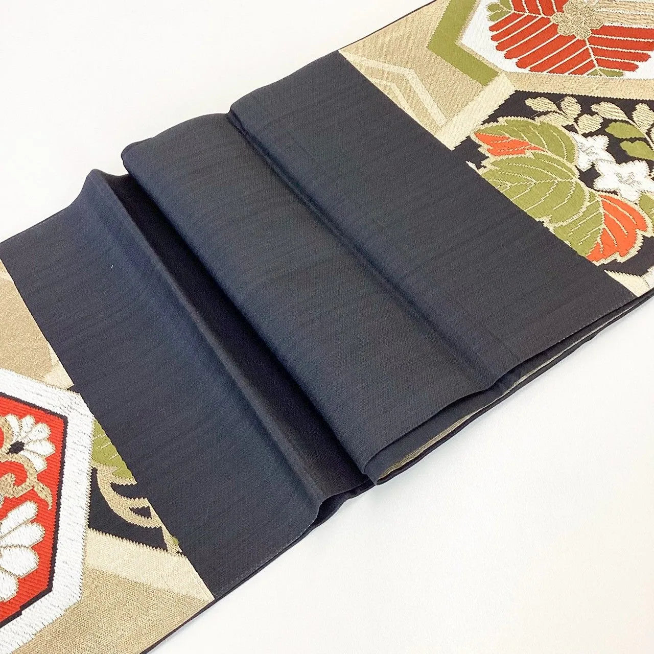 7017# Japanese Vintage Fukuro Obi Belt Kimono Fabric Silk Traditional Black