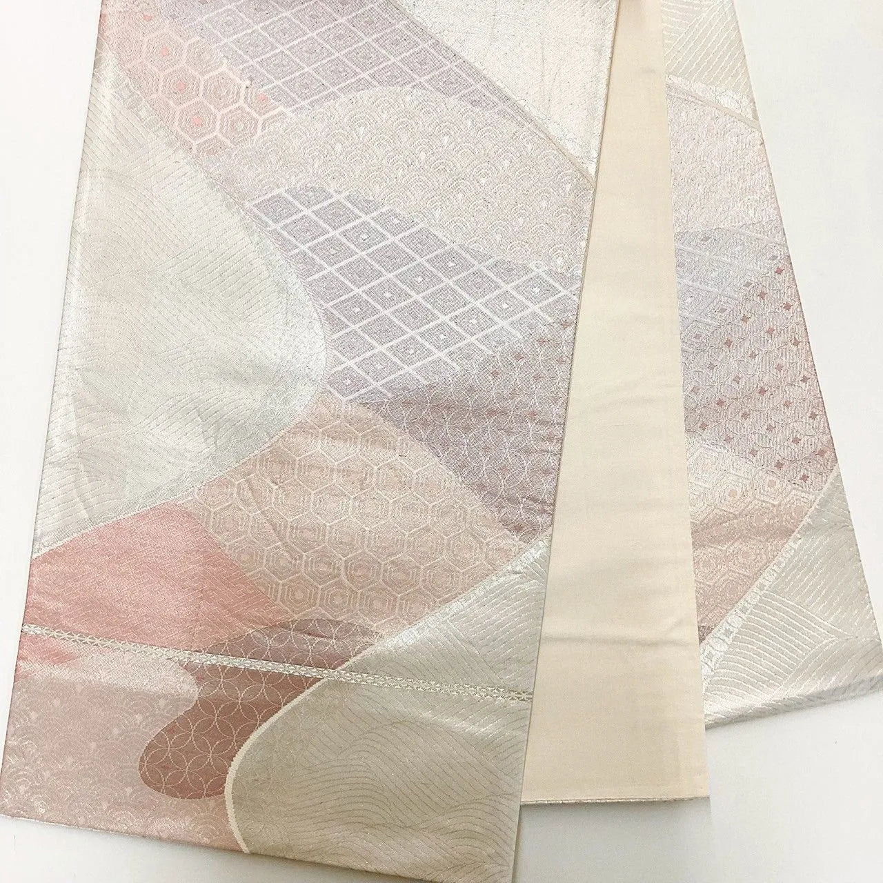 7019# Japanese Vintage Fukuro Obi Belt Kimono Fabric Silk Traditional Silver