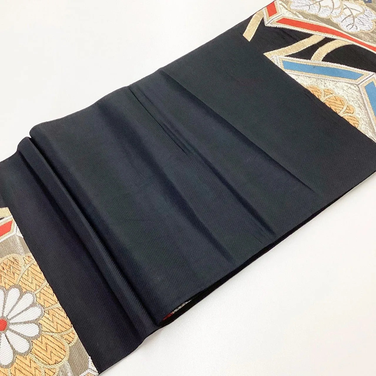 7025# Japanese Vintage Fukuro Obi Belt Kimono Fabric Silk Traditional Black