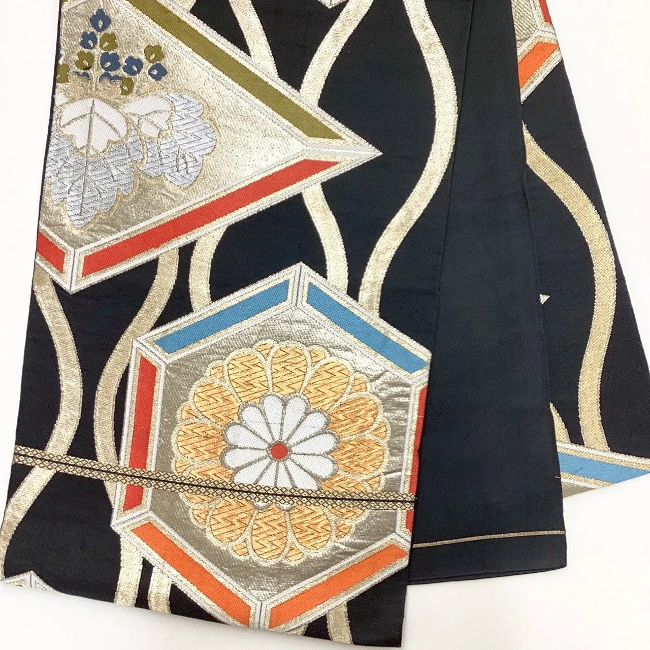 7025# Japanese Vintage Fukuro Obi Belt Kimono Fabric Silk Traditional Black