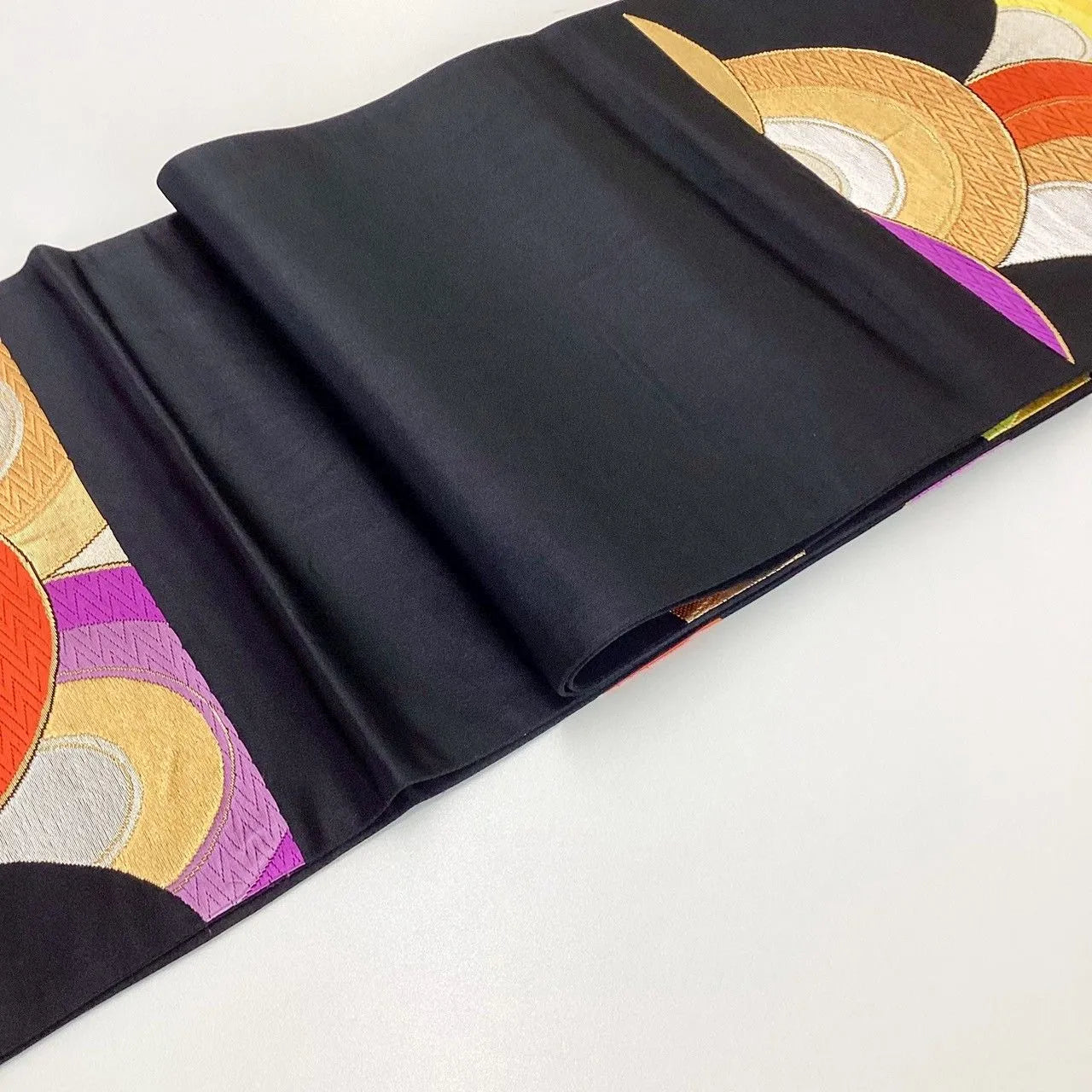 7028# Japanese Vintage Fukuro Obi Belt Kimono Fabric Silk Traditional Black