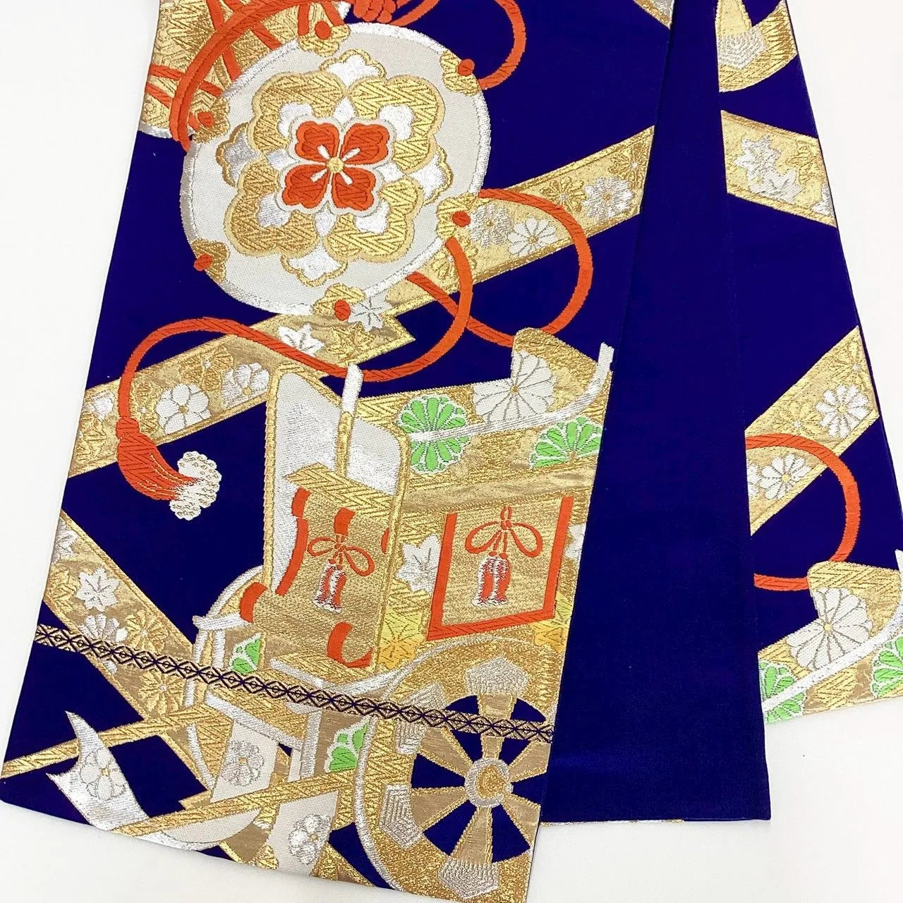 7030# Japanese Vintage Fukuro Obi Belt Kimono Fabric Silk Traditional Blue