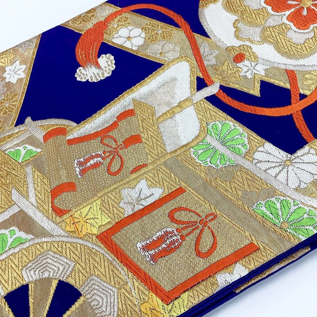 7030# Japanese Vintage Fukuro Obi Belt Kimono Fabric Silk Traditional Blue