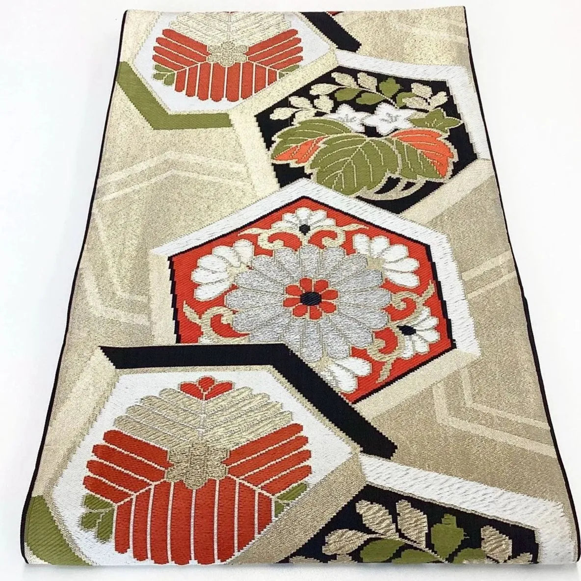 7017# Japanese Vintage Fukuro Obi Belt Kimono Fabric Silk Traditional Black