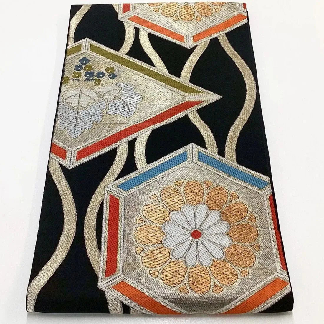 7025# Japanese Vintage Fukuro Obi Belt Kimono Fabric Silk Traditional Black