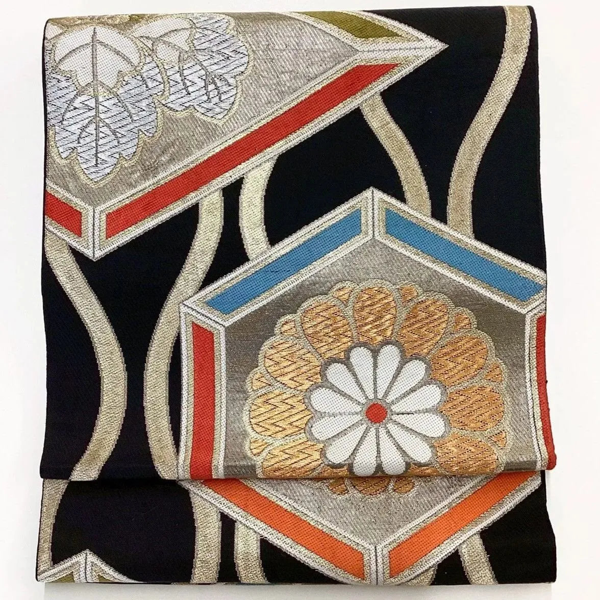 7025# Japanese Vintage Fukuro Obi Belt Kimono Fabric Silk Traditional Black