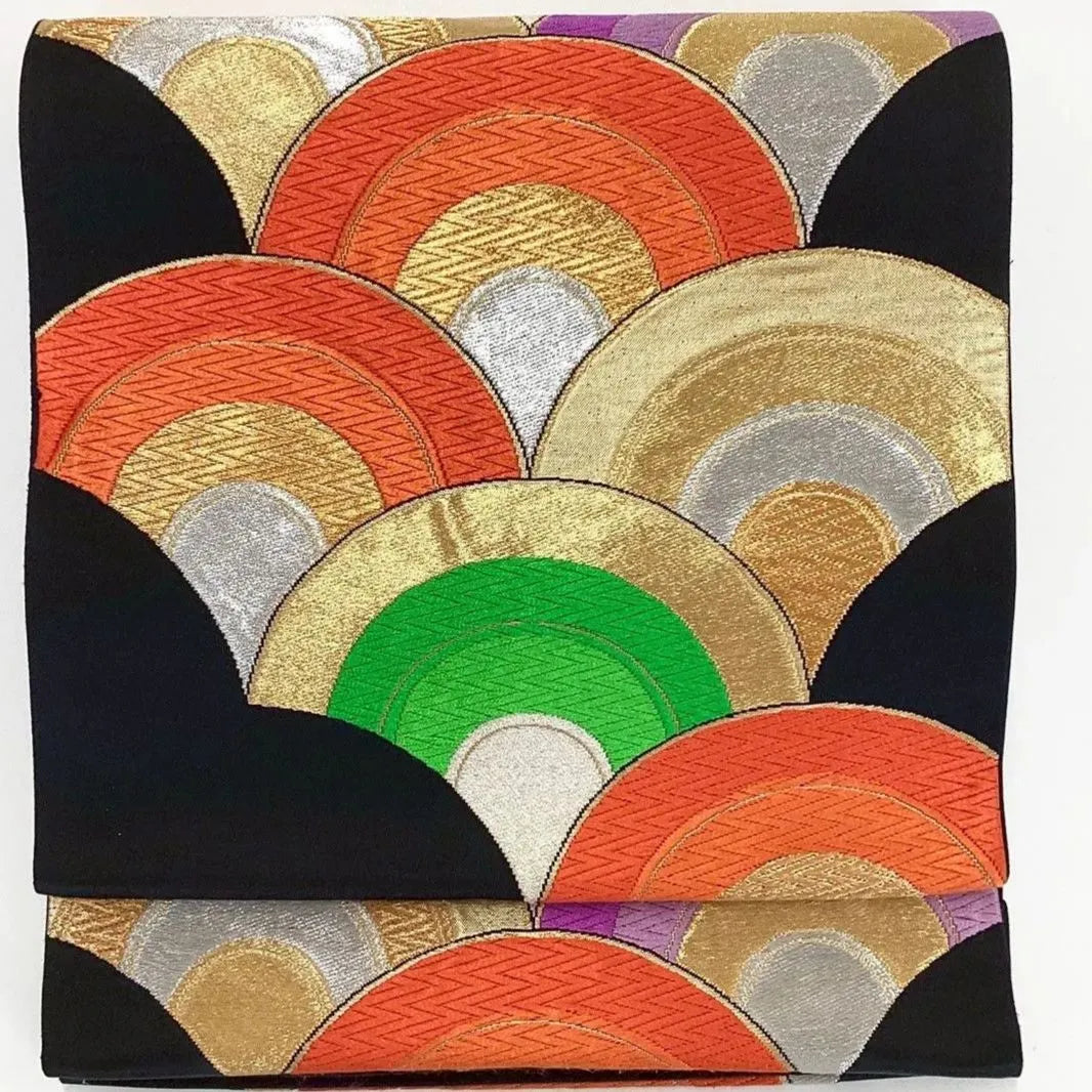 7028# Japanese Vintage Fukuro Obi Belt Kimono Fabric Silk Traditional Black