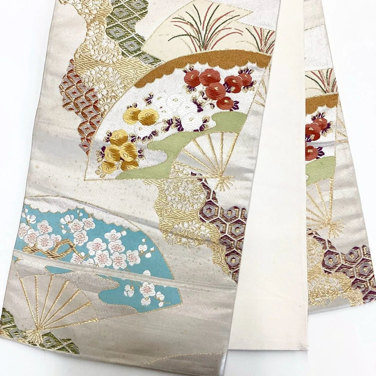 7031# Japanese Vintage Fukuro Obi Belt Kimono Fabric Silk Traditional Silver