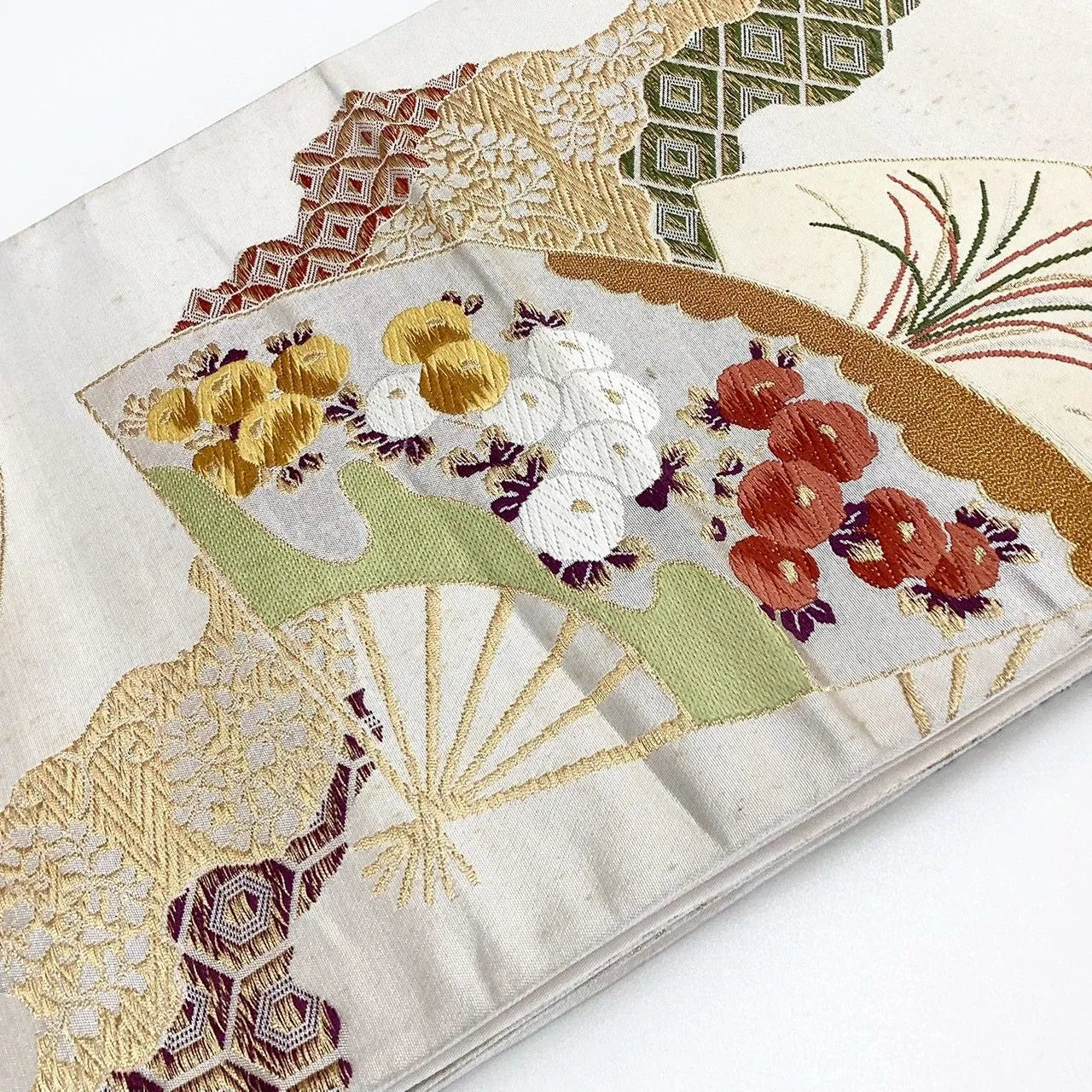 7031# Japanese Vintage Fukuro Obi Belt Kimono Fabric Silk Traditional Silver