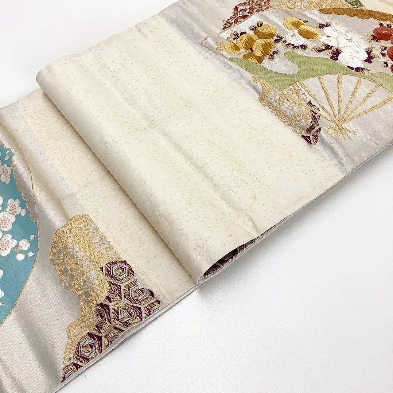 7031# Japanese Vintage Fukuro Obi Belt Kimono Fabric Silk Traditional Silver