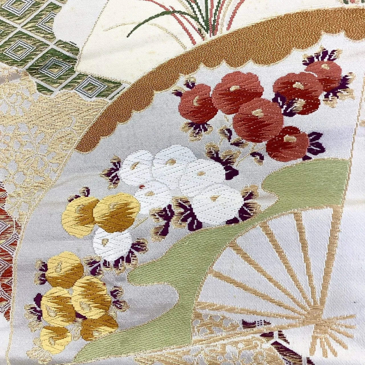 7031# Japanese Vintage Fukuro Obi Belt Kimono Fabric Silk Traditional Silver