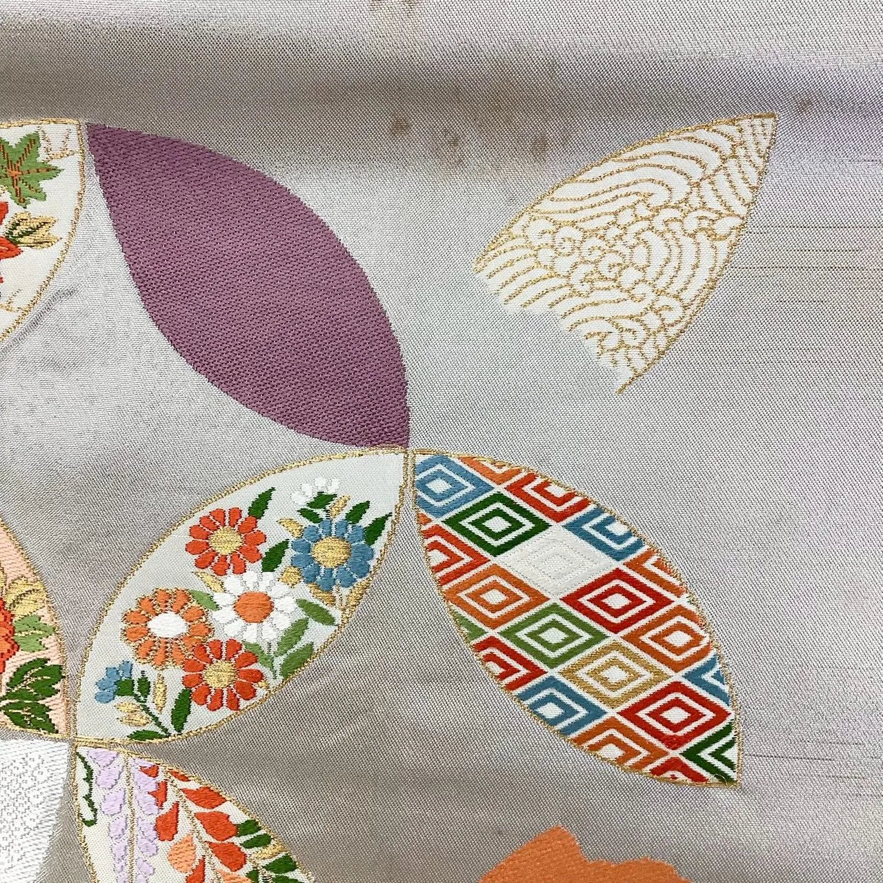 7033# Japanese Vintage Fukuro Obi Belt Kimono Fabric Silk Traditional Silver