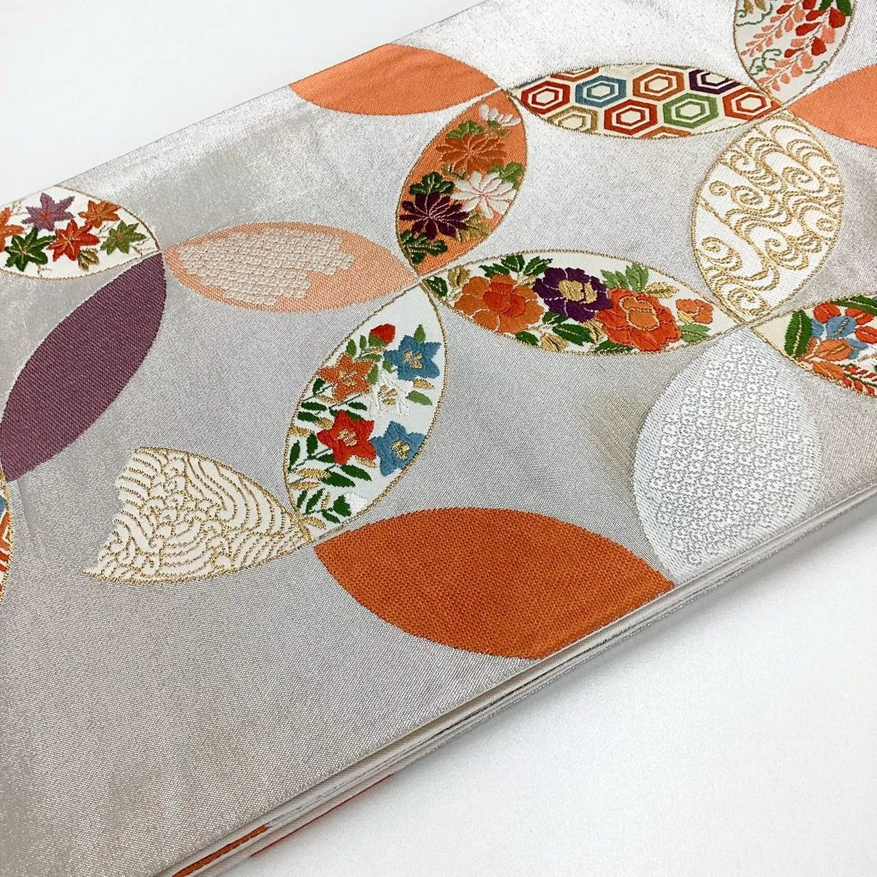 7033# Japanese Vintage Fukuro Obi Belt Kimono Fabric Silk Traditional Silver