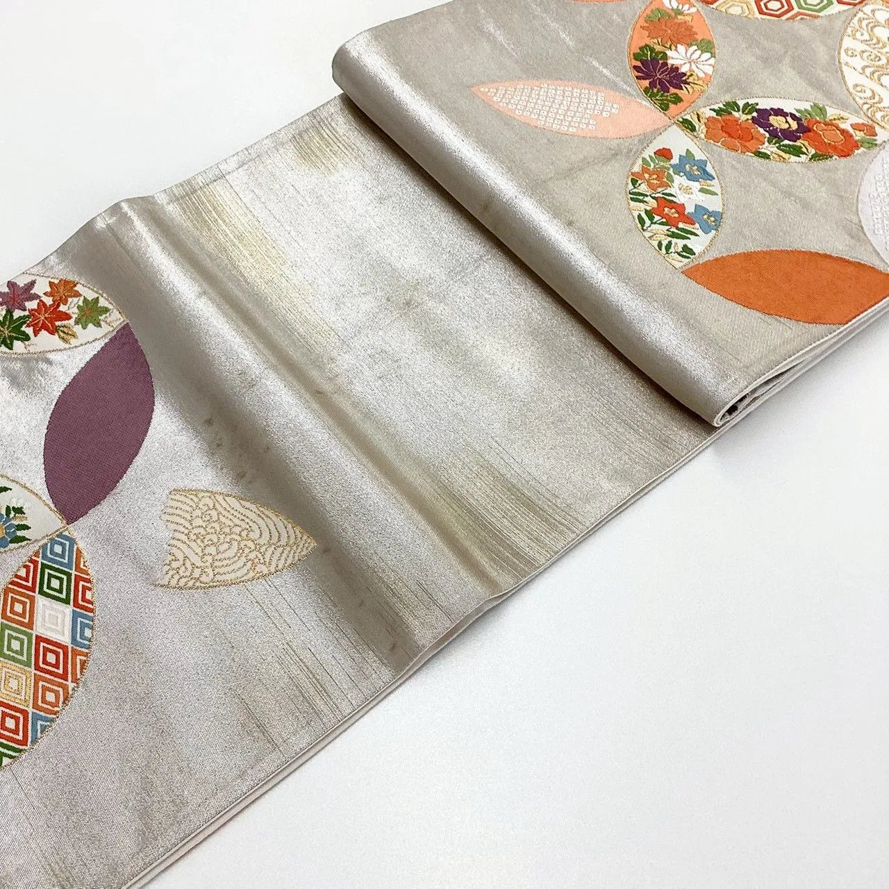 7033# Japanese Vintage Fukuro Obi Belt Kimono Fabric Silk Traditional Silver