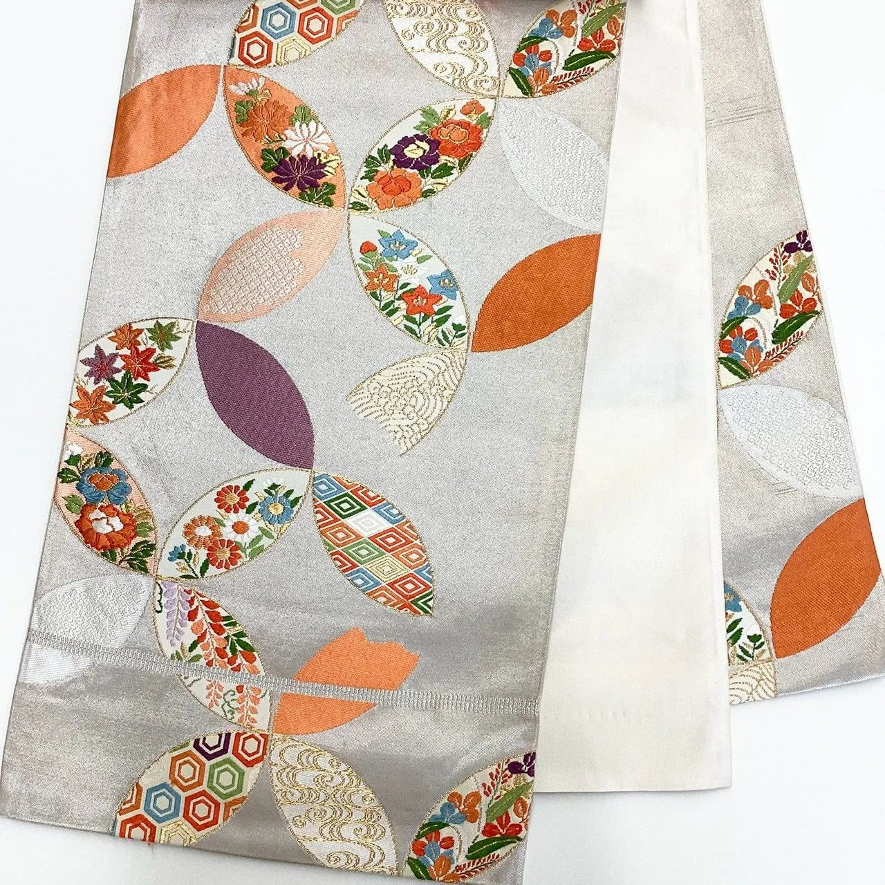 7033# Japanese Vintage Fukuro Obi Belt Kimono Fabric Silk Traditional Silver