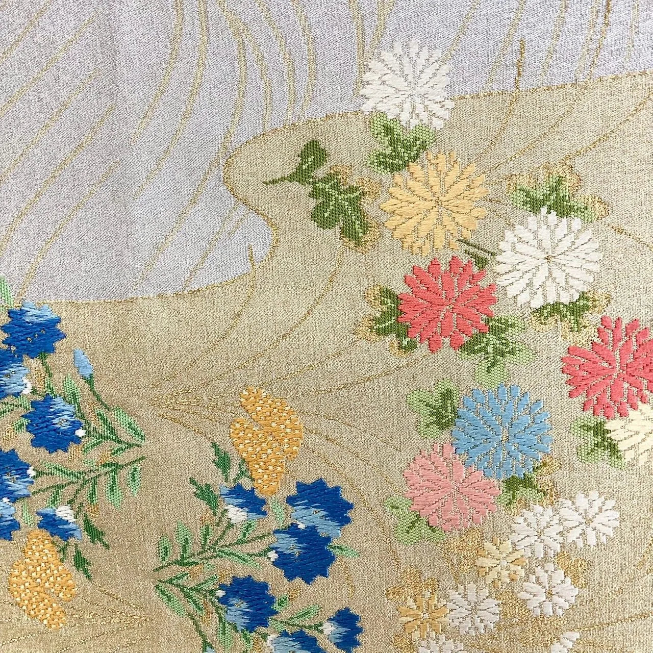 7034# Japanese Vintage Fukuro Obi Belt Kimono Fabric Silk Traditional Silver