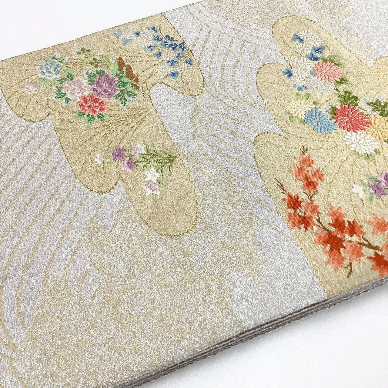 7034# Japanese Vintage Fukuro Obi Belt Kimono Fabric Silk Traditional Silver