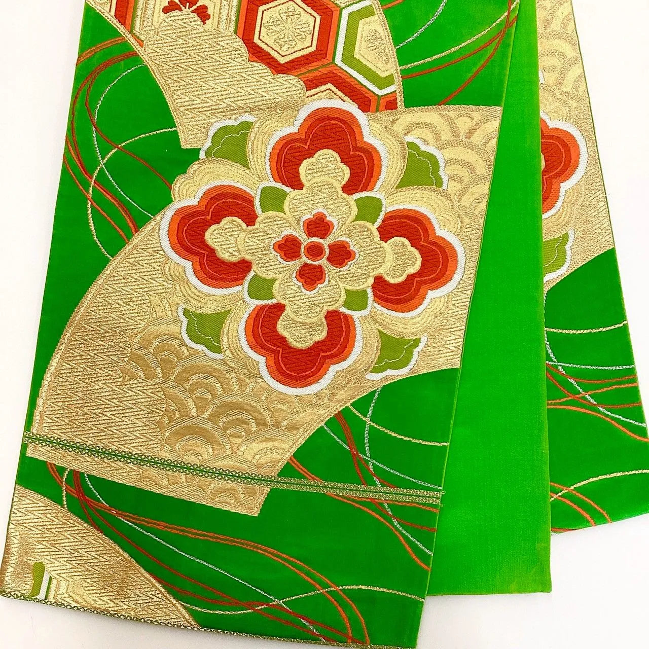 7038# Japanese Vintage Fukuro Obi Belt Kimono Fabric Silk Traditional Green