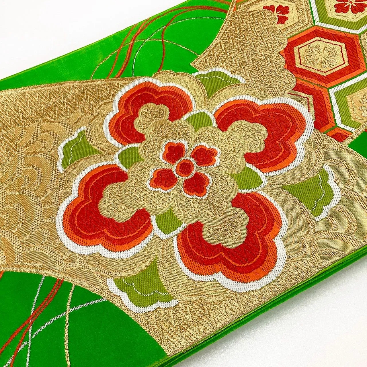 7038# Japanese Vintage Fukuro Obi Belt Kimono Fabric Silk Traditional Green
