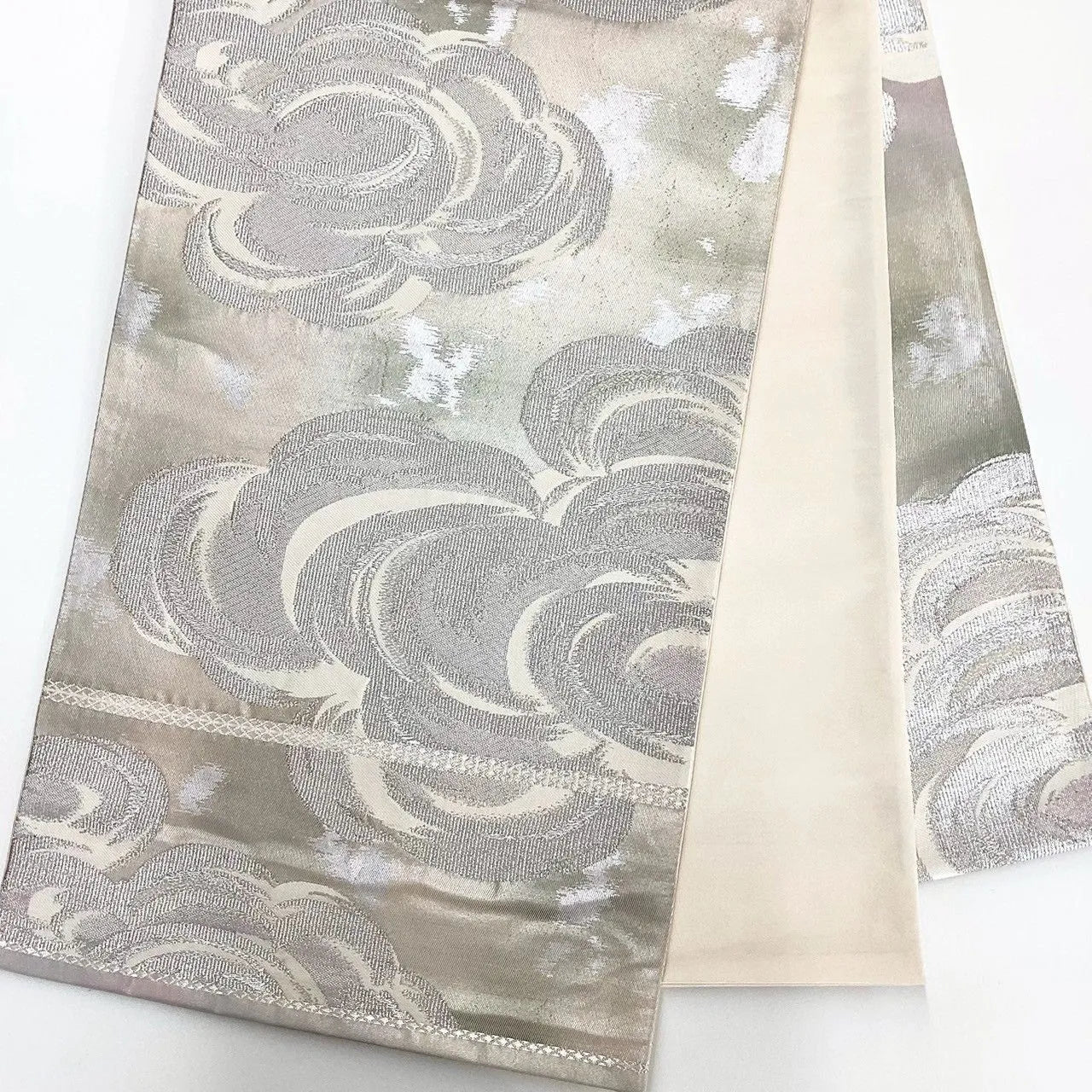 7040# Japanese Vintage Fukuro Obi Belt Kimono Fabric Silk Traditional Silver