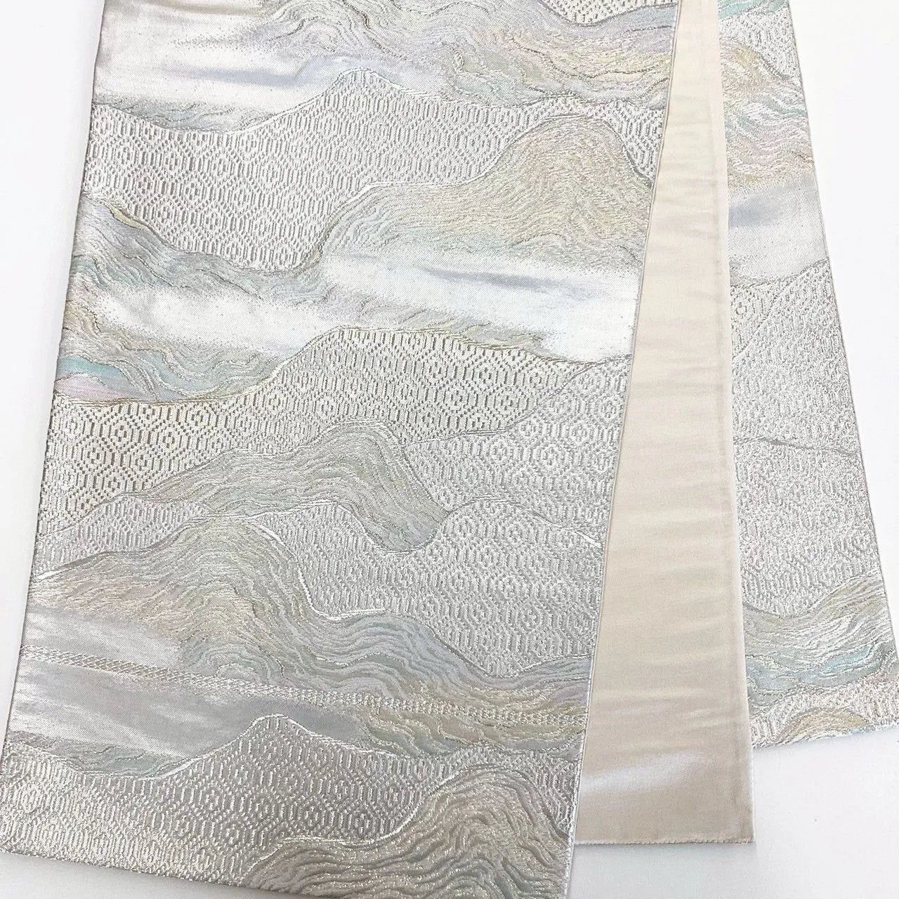 7045# Japanese Vintage Fukuro Obi Belt Kimono Fabric Silk Traditional Silver