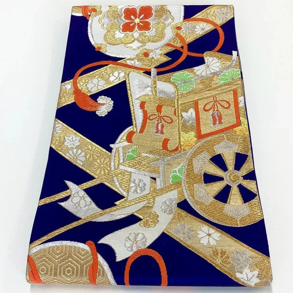 7030# Japanese Vintage Fukuro Obi Belt Kimono Fabric Silk Traditional Blue