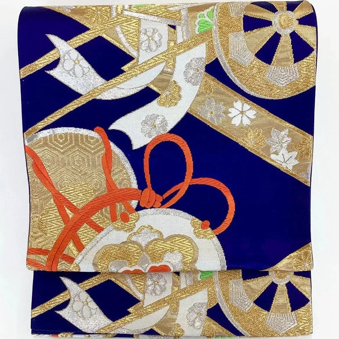 7030# Japanese Vintage Fukuro Obi Belt Kimono Fabric Silk Traditional Blue