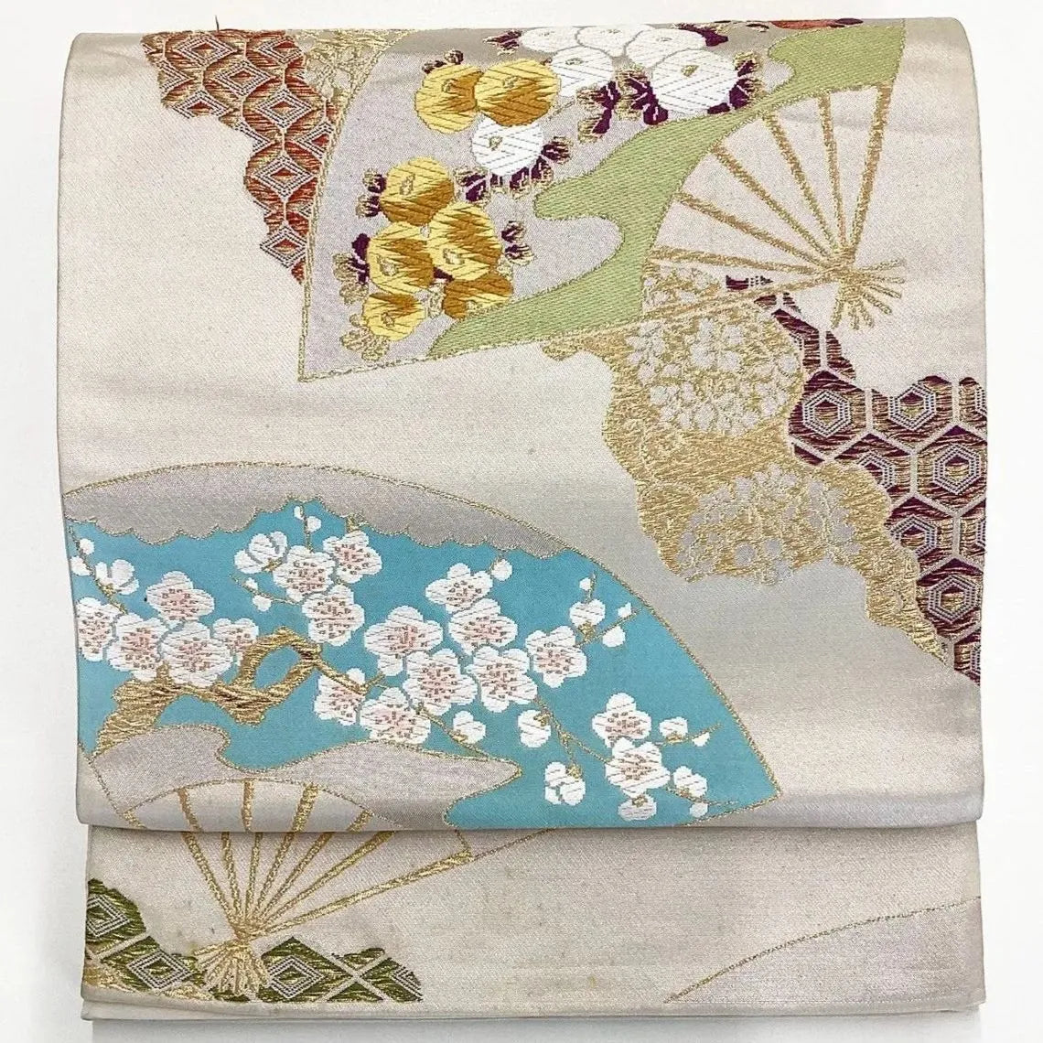 7031# Japanese Vintage Fukuro Obi Belt Kimono Fabric Silk Traditional Silver