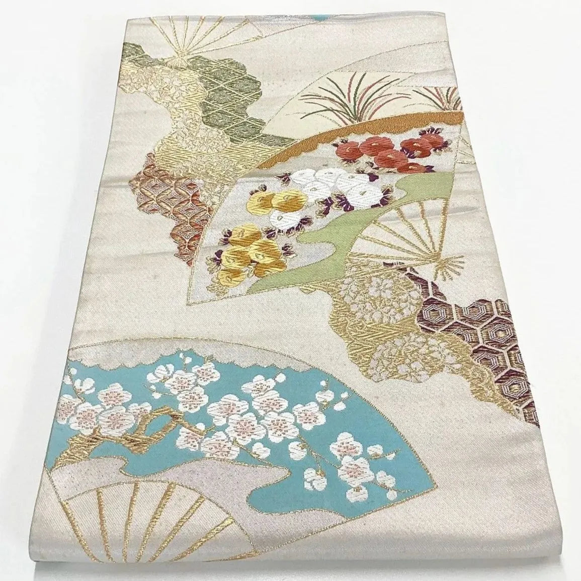 7031# Japanese Vintage Fukuro Obi Belt Kimono Fabric Silk Traditional Silver